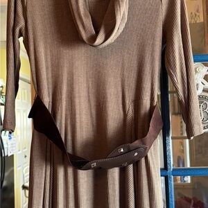Robbie Bee Taupe Ribbed Dress with Chocolate Belt